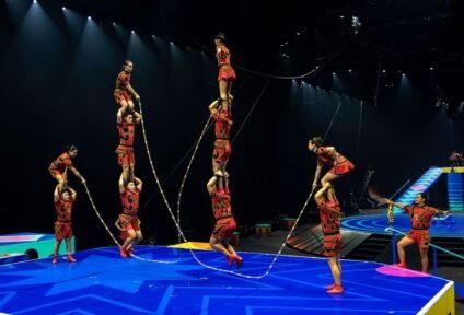 Acrobatic troupe balancing in human pyramids while jumping rope during Ringling Bros. and Barnum & Bailey® The Greatest Show On Earth®, showcasing strength and teamwork.