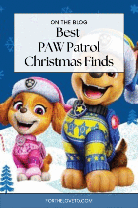 PAW Patrol characters Chase and Skye wearing holiday sweaters on a snowy background — promoting the best PAW Patrol Christmas products and gifts for kids.
