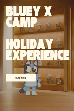 Graphic image featuring Bluey with text overlay “Bluey x CAMP Holiday Experience” inviting families to enjoy a festive NYC activity.
