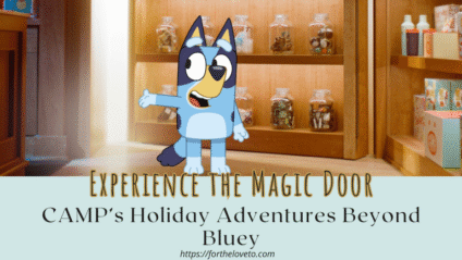 Bluey character standing inside CAMP store surrounded by jars and holiday decorations — promoting the Bluey x CAMP holiday experience in NYC.