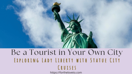Close-up of the Statue of Liberty against a blue sky promoting Statue City Cruises, the official ferry to Liberty and Ellis Islands, for fall and family travel inspiration.