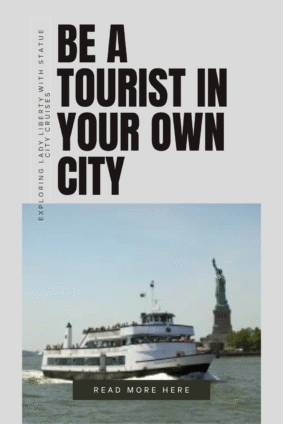 A family ferrying from Battery Park with Statue City Cruises to visit the Statue of Liberty on a crisp fall day. The image shows the Statue of Liberty and a ferry boat with clear blue skies — promoting local NYC travel and family adventures.