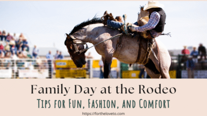 Cowboy riding a horse at a rodeo — family rodeo day ideas for fun, fashion, and comfort from fortheloveto.com.