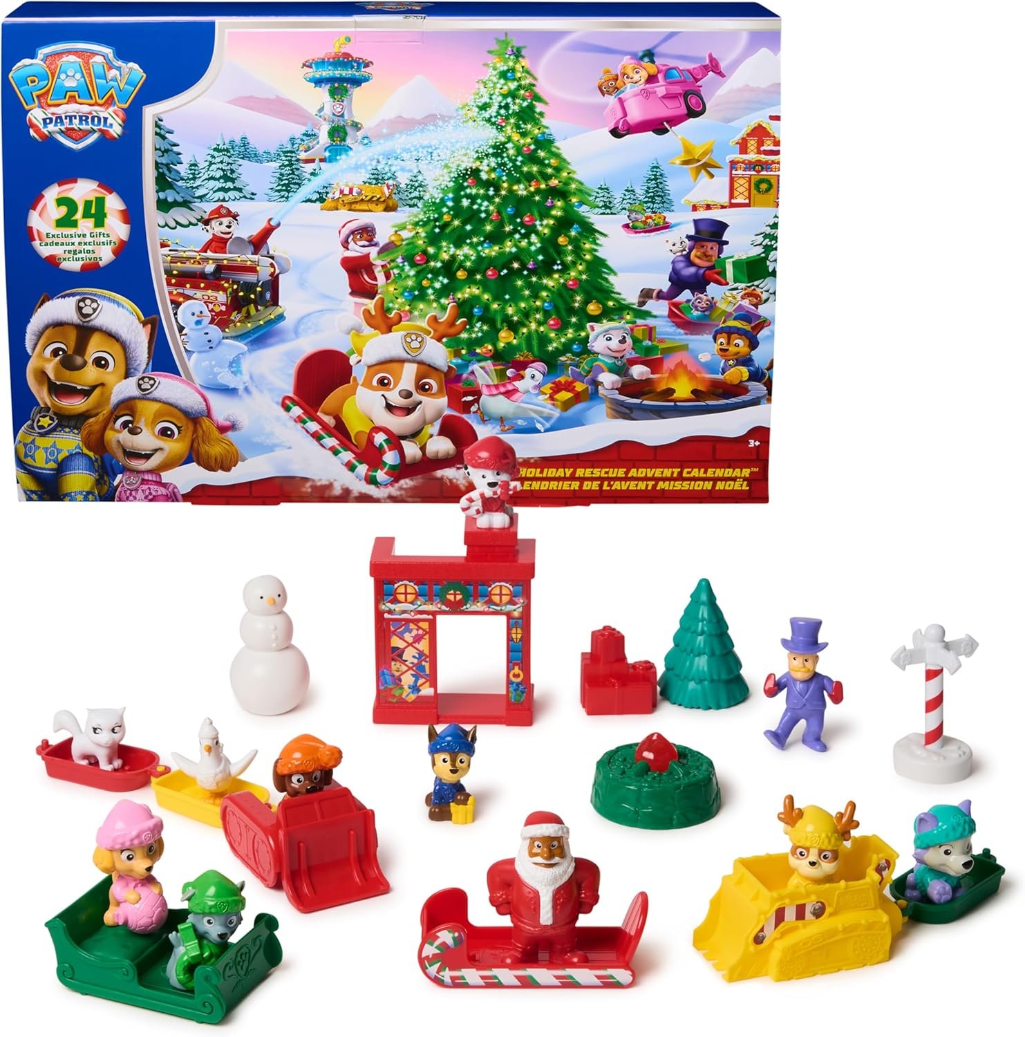 PAW Patrol Holiday Rescue Advent Calendar featuring 24 Christmas-themed surprise toys, figures, sleds, and accessories from Spin Master — top PAW Patrol Christmas gift for kids