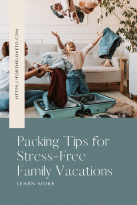 Family laughing and tossing clothes into the air while packing an open suitcase in the living room — illustrating packing tips for stress-free family vacations.
