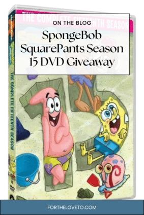 SpongeBob SquarePants Season 15 DVD cover with SpongeBob, Patrick, Sandy, and Gary promoting the full season giveaway on fortheloveto.com.