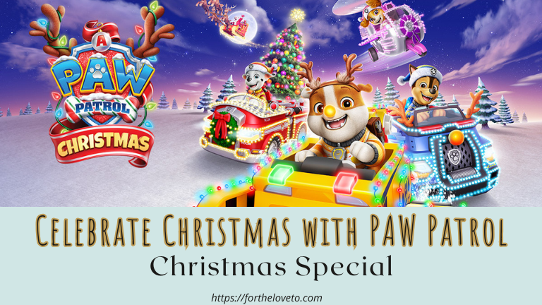 Promotional artwork for A PAW Patrol Christmas featuring Rubble, Chase, Marshall, and Skye in festive holiday vehicles driving through a snowy Christmas scene with lights and a decorated tree — promoting the PAW Patrol Christmas Special.