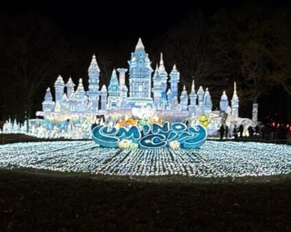 Wide view of the illuminated Castle in the Sky installation at LuminoCity Holiday Lights Festival in Eisenhower Park, glowing against the night sky.