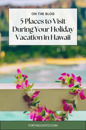 Bright pink and white Hawaiian flower leis hanging on a balcony rail overlooking the ocean, featuring the title 5 Places to Visit During Your Holiday Vacation in Hawaii.”