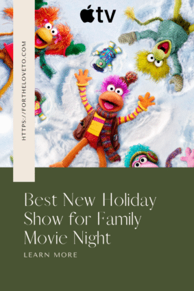 Colorful Fraggle Rock characters making snow angels in the snow promoting The First Snow of Fraggle Rock holiday special on Apple TV.