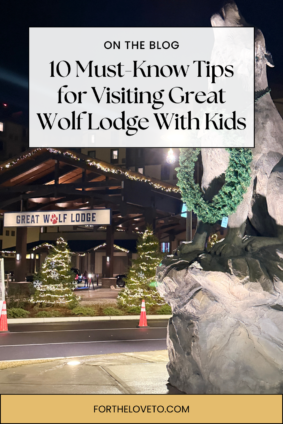 Great Wolf Lodge entrance decorated with holiday lights at night, with the iconic wolf statue and Christmas trees—ideal for families visiting Great Wolf Lodge with kids and searching for travel tips and seasonal experiences.