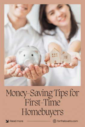 Close-up of a couple holding a piggy bank and small wooden house models, symbolizing smart budgeting and money-saving tips for first-time homebuyers.