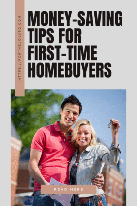 Smiling couple holding keys outside their new home, representing successful budgeting and money-saving tips for first-time homebuyers.