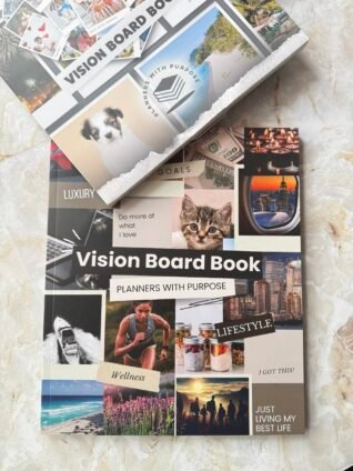 Planners With Purpose Vision Board Book featuring goal setting, wellness, lifestyle, and New Year vision board inspiration.