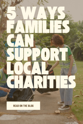 Kids and parents volunteering outdoors to support local community charities