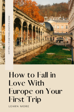 First time traveling to Europe inspiration featuring a historic European colonnade, autumn trees, and peaceful travel scene