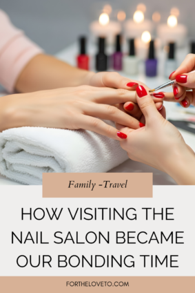 Manicure service during a calm self-care session representing mother daughter bonding at nail salon.