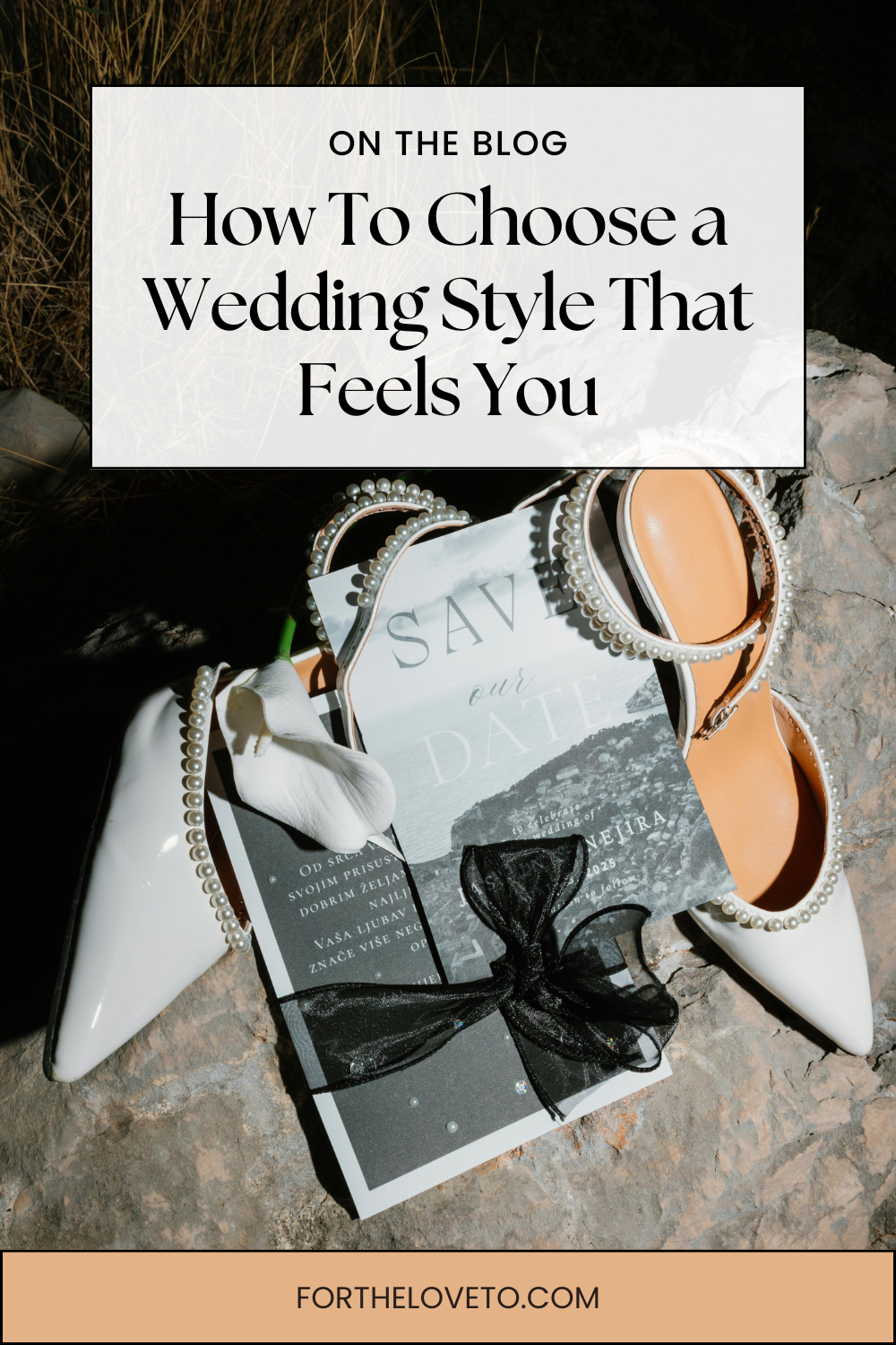 Classic bridal shoes with pearl details beside a save-the-date card and wedding accessories, reflecting a timeless and personal wedding aesthetic.