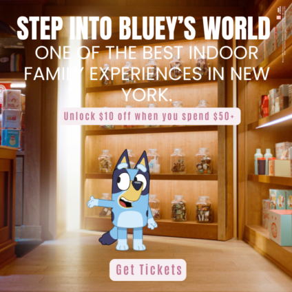 Kids exploring the Bluey x CAMP immersive experience in NYC, a top indoor family activity during school break week