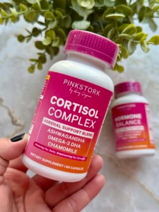Pink Stork Cortisol Complex adrenal support supplement with ashwagandha, omega-3 DHA, and chamomile for natural cortisol balance and hormone support for women