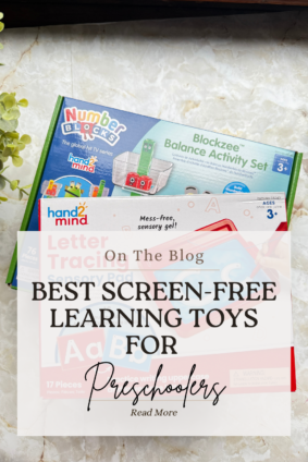 screen-free learning toys for preschoolers featuring Numberblocks math toy and letter tracing sensory pad