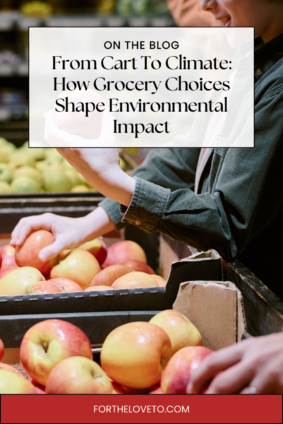 Family choosing apples at grocery store showing how grocery choices shape environmental impact