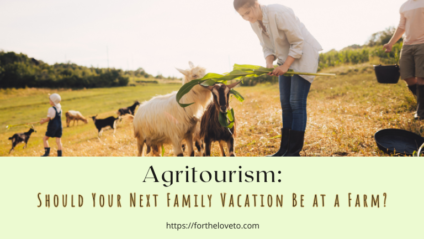 Agritourism family farm vacation with kids feeding goats in an outdoor countryside farm setting