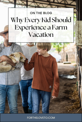 Family farm vacation experience with kids feeding a lamb inside a barn during an agritourism visit