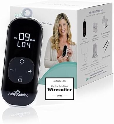 Portable BabyBuddha breast pump 2.0 for new moms with compact design and strong suction for easy pumping