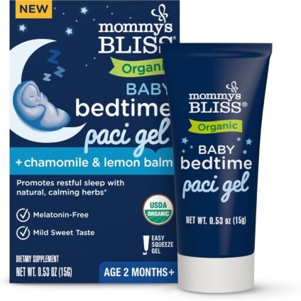 Organic baby paci gel with chamomile and lemon balm to help newborns relax and sleep better at night