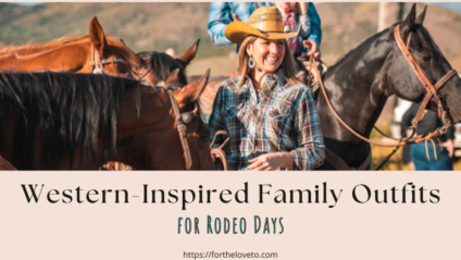 Western-inspired family outfits for rodeo days featuring a woman in a plaid shirt and cowboy hat standing with horses in a western outdoor setting