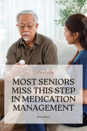 managing medications for seniors with healthcare provider reviewing prescription bottle and medication plan