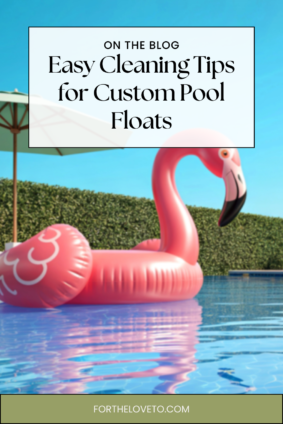 Pink flamingo custom pool float in a backyard pool featuring easy cleaning tips for custom pool floats and summer pool care.