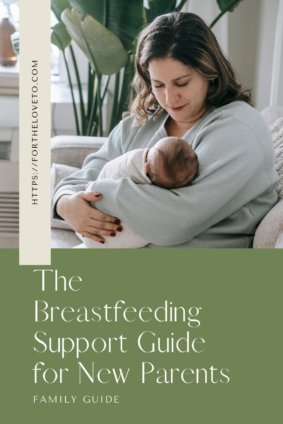 Breastfeeding support guide for new parents featuring a mother feeding her newborn at home.