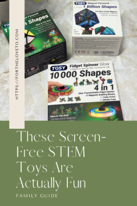 Pinterest image of screen-free STEM toys for kids featuring TOSY magnetic puzzle toys, fidget spinner, and hands-on educational activities.