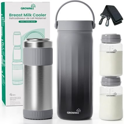 Breastfeeding must-haves for new moms featuring Grownsy portable breast milk cooler for storing milk on the go