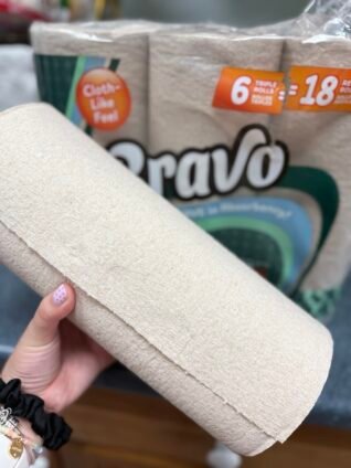 Bravo recycled paper towels with Conserve-A-Size sheets designed for easy everyday family cleanups.