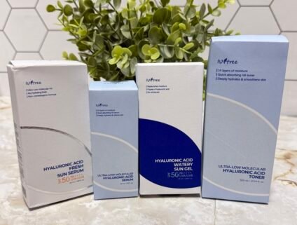Isntree Hyaluronic Acid skincare collection for Korean skincare for dehydrated skin featuring toner, serum, Watery Sun Gel, and Fresh Sun Serum