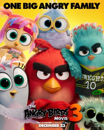 Official The Angry Birds Movie 3 poster featuring Red surrounded by his growing family ahead of the December 23, 2026 theatrical release.