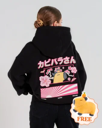 Black Capy-Era Sakura capybara hoodie featuring a colorful back graphic, one of the best capybara gifts for teens, adults, and capybara fans.