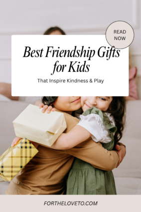 Children hugging while exchanging presents, representing friendship gifts for kids that celebrate kindness, connection, and meaningful friendships.