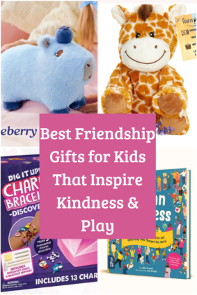 Pinterest graphic showcasing the best friendship gifts for kids, including plush toys, a friendship bracelet kit, and the Human Kindness book.