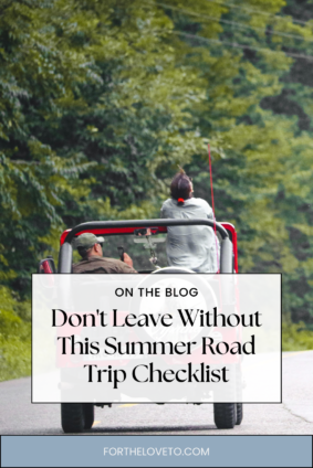 Jeep driving along a scenic road, highlighting a family vehicle checklist for summer road trips and safe travel preparation.