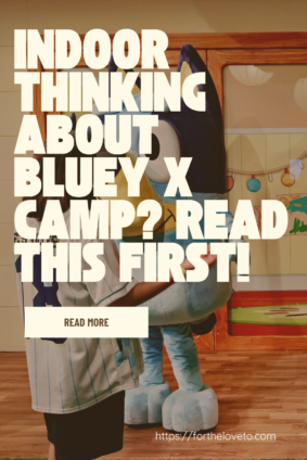 Child hugging Bluey during the Bluey x CAMP immersive family experience while exploring whether Is Bluey x CAMP worth it