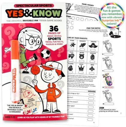 Yes & Know trivia game books Spectacular Sports edition with invisible ink pen, sports trivia, puzzles and activity pages.