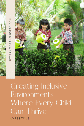 Creating inclusive environments where every child can thrive through teamwork, featuring children gardening together and watering plants outdoors.