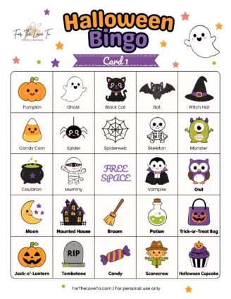 Free Halloween Bingo printable set with six game cards and calling cards
