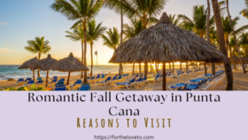 Romantic fall getaway in Punta Cana featuring palm trees, thatched umbrellas, and beach chairs beside the ocean at sunset.