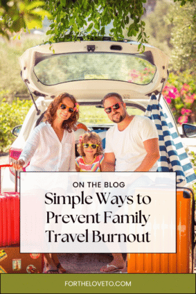 Family sitting by a packed car with luggage and tips for preventing family travel burnout.
