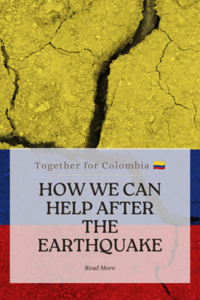 Cracked ground in the colors of the Colombian flag with a message about how to help Colombia after the earthquake.